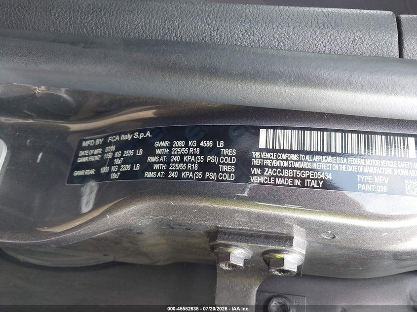 2016 Jeep Renegade VIN ZACCJBBT5GPE05434 IAAI salvage auction — RIGHT FRONT, Clear (Virginia), sold $1,350 on 2026-08-14 (photo 9)