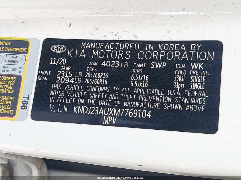 2021 Kia Soul VIN KNDJ23AUXM7769104 IAAI salvage auction — LEFT FRONT, Clear (Washington), sold $3,050 on 2026-07-22 (photo 9)