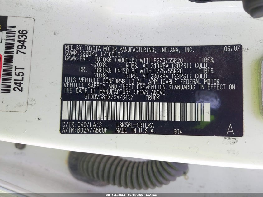 2007 Toyota Tundra VIN 5TBBV581X7S476437 IAAI salvage auction — Burn Engine, Mv-907A (New York), sold $100 on 2026-07-30 (photo 9)