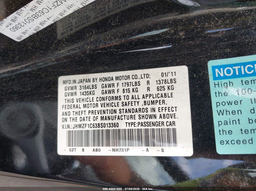 2011 Honda Cr-z VIN JHMZF1C63BS013360 IAAI salvage auction — UNKNOWN, Clear (Virginia), sold $1,000 on 2026-07-24 (photo 9)
