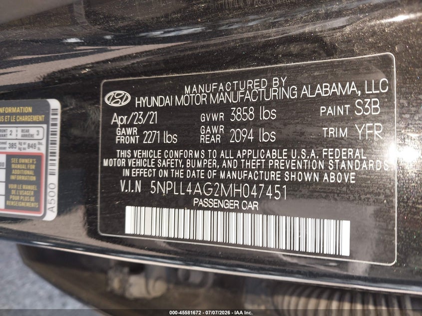 2021 Hyundai Elantra VIN 5NPLL4AG2MH047451 IAAI salvage auction — NORMAL WEAR, Sf97 (Oregon), sold $8,800 on 2026-07-29 (photo 9)