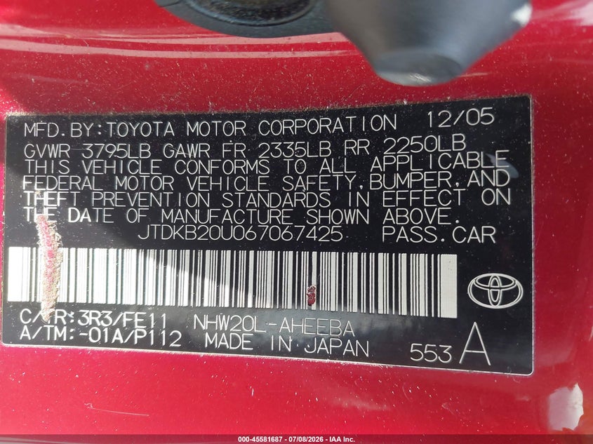 2006 Toyota Prius VIN JTDKB20U067067425 IAAI salvage auction — NORMAL WEAR, Clear (Georgia), sold $550 on 2026-07-29 (photo 9)