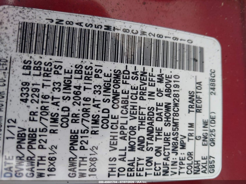 2012 Nissan Rogue VIN JN8AS5MT8CW281910 IAAI salvage auction — NORMAL WEAR, App For Dup Salv Title - Dealer (California), sold $325 on 2026-07-20 (photo 9)