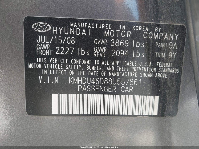 2008 Hyundai Elantra VIN KMHDU46D88U557861 IAAI salvage auction — NORMAL WEAR, Original (Texas), sold $800 on 2026-07-20 (photo 9)