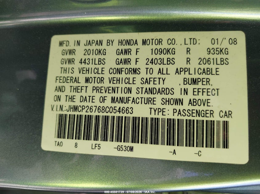 2008 Honda Accord VIN JHMCP26768C054663 IAAI salvage auction — FRONT & REAR, Salvage (California), sold $925 on 2026-07-22 (photo 9)