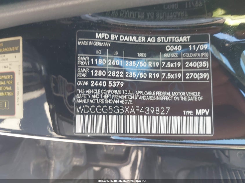 2010 Mercedes-benz Glk-class VIN WDCGG5GBXAF439827 IAAI salvage auction — NORMAL WEAR, Clear - Dealer Only (California), sold $575 on 2026-07-28 (photo 9)