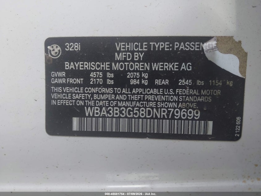 2013 BMW 3er VIN WBA3B3G58DNR79699 IAAI salvage auction — LEFT SIDE, Mv-907A (New York), sold $125 on 2026-07-28 (photo 9)