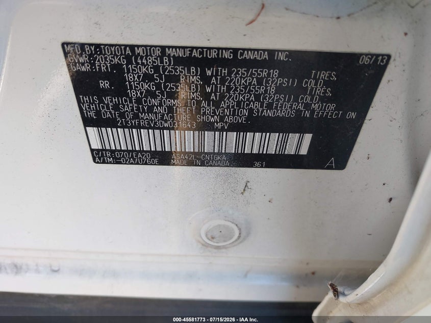 2013 Toyota Rav 4 VIN 2T3YFREV3DW031643 IAAI salvage auction — REAR END, Salvage Certificate (California), sold $2,700 on 2026-07-26 (photo 9)