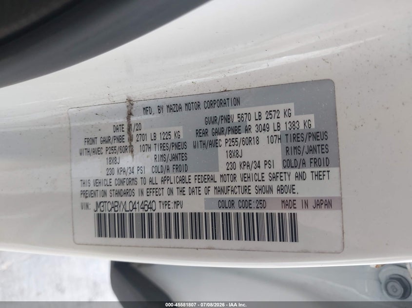 2020 Mazda Cx-9 VIN JM3TCABYXL0414640 IAAI salvage auction — FRONT END, Wait Title, sold $1,625 on 2026-08-26 (photo 9)