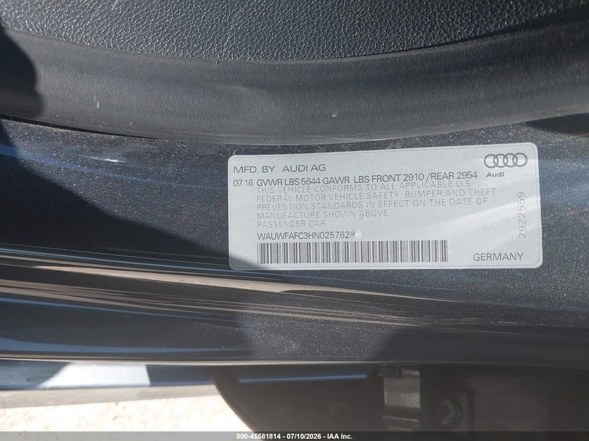 2017 Audi S7 VIN WAUWFAFC3HN025762 IAAI salvage auction — FRONT END, Original (Texas), sold $15,600 on 2026-08-20 (photo 9)