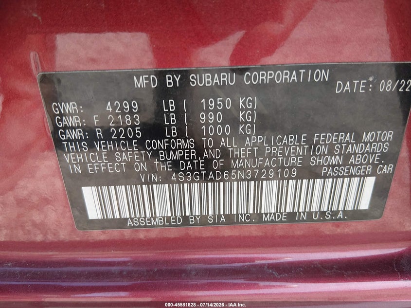 2022 Subaru Impreza VIN 4S3GTAD65N3729109 IAAI salvage auction — WATER/FLOOD, Salvage (Illinois), sold $9,400 on 2026-08-17 (photo 9)