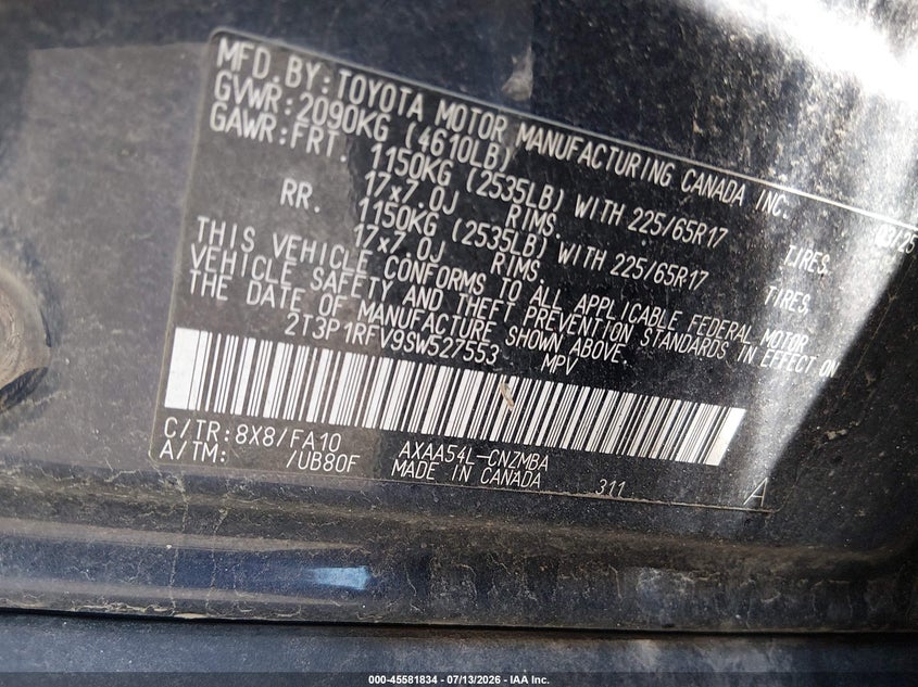 2025 Toyota Rav 4 VIN 2T3P1RFV9SW527553 IAAI salvage auction — LEFT FRONT, Salvage Title, sold $13,150 on 2026-08-19 (photo 9)