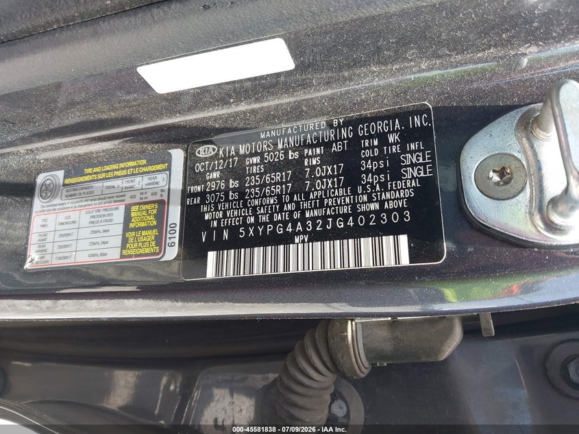 2018 Kia Sorento VIN 5XYPG4A32JG402303 IAAI salvage auction — REAR END, Rebuildable (Florida), sold $2,000 on 2026-07-30 (photo 9)