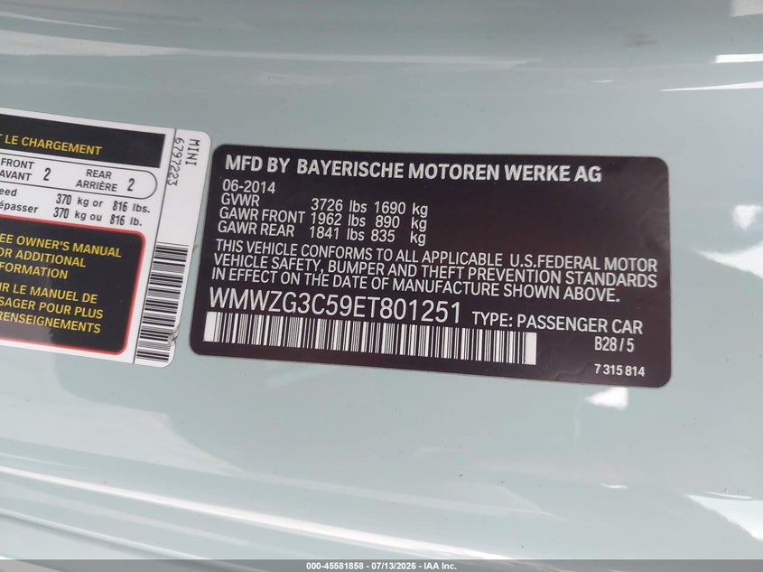 2014 Mini Clubman VIN WMWZG3C59ET801251 IAAI salvage auction — LEFT REAR, Salvage (California), sold $25 on 2026-07-30 (photo 9)