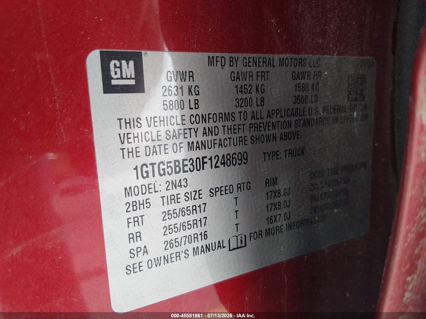 2015 Gmc Canyon VIN 1GTG5BE30F1248699 IAAI salvage auction — LEFT & RIGHT, Salvage (South Carolina), sold $25 on 2026-08-19 (photo 9)