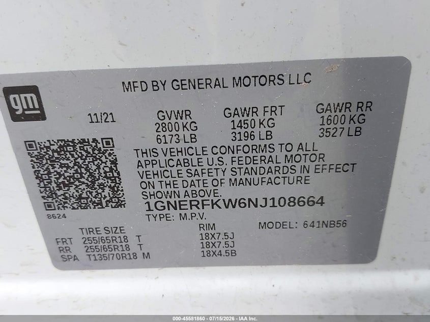 2022 Chevrolet Traverse VIN 1GNERFKW6NJ108664 IAAI salvage auction — UNKNOWN, Enterprise Vehicles Clear Only (Texas), sold $21,000 on 2026-07-29 (photo 9)