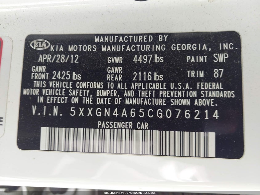 2012 Kia Optima VIN 5XXGN4A65CG076214 IAAI salvage auction — FRONT END, Salvage Title, sold $650 on 2026-07-29 (photo 9)