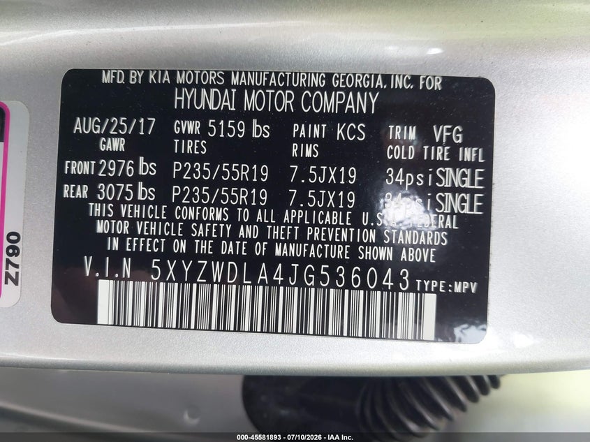 2018 Hyundai Santa fe VIN 5XYZWDLA4JG536043 IAAI salvage auction — FRONT END, Clear (Virginia), sold $1,625 on 2026-07-21 (photo 9)