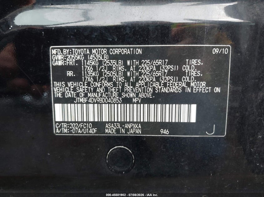2011 Toyota Rav4 VIN JTMBF4DV9BD040853 IAAI salvage auction — NORMAL WEAR, Clear (Virginia), sold $2,000 on 2026-07-15 (photo 9)