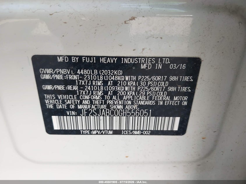 2016 Subaru Forester VIN JF2SJABC0GH556051 IAAI salvage auction — LEFT FRONT, Salvage (Arizona), sold $500 on 2026-07-28 (photo 9)