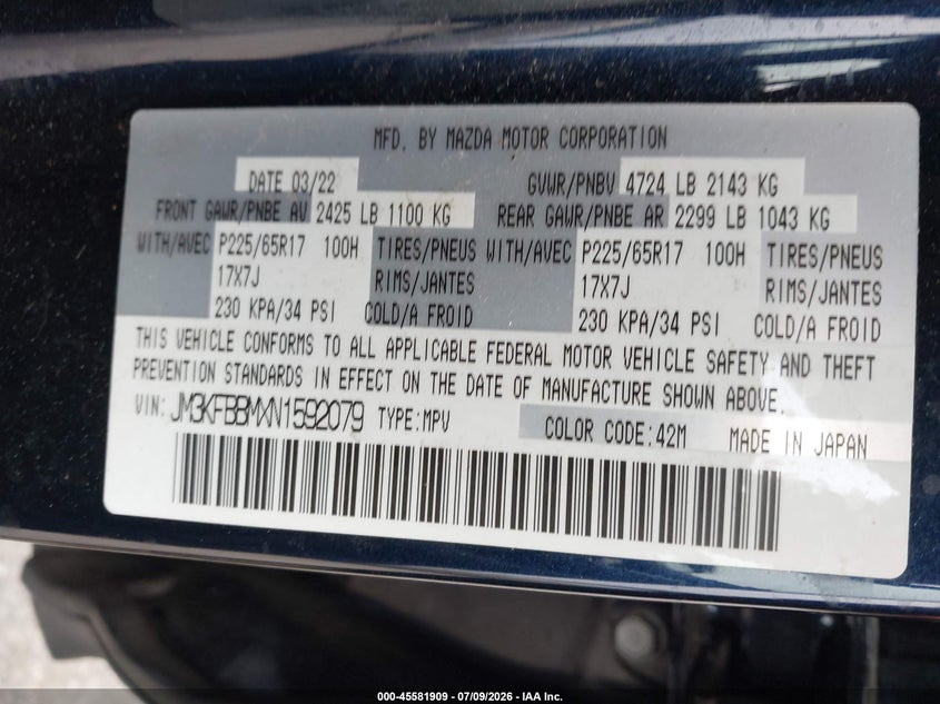 2022 Mazda Cx-5 VIN JM3KFBBMXN1592079 IAAI salvage auction — FRONT END, Salvage - Greater Than 75% (Maryland), sold $5,000 on 2026-08-02 (photo 9)