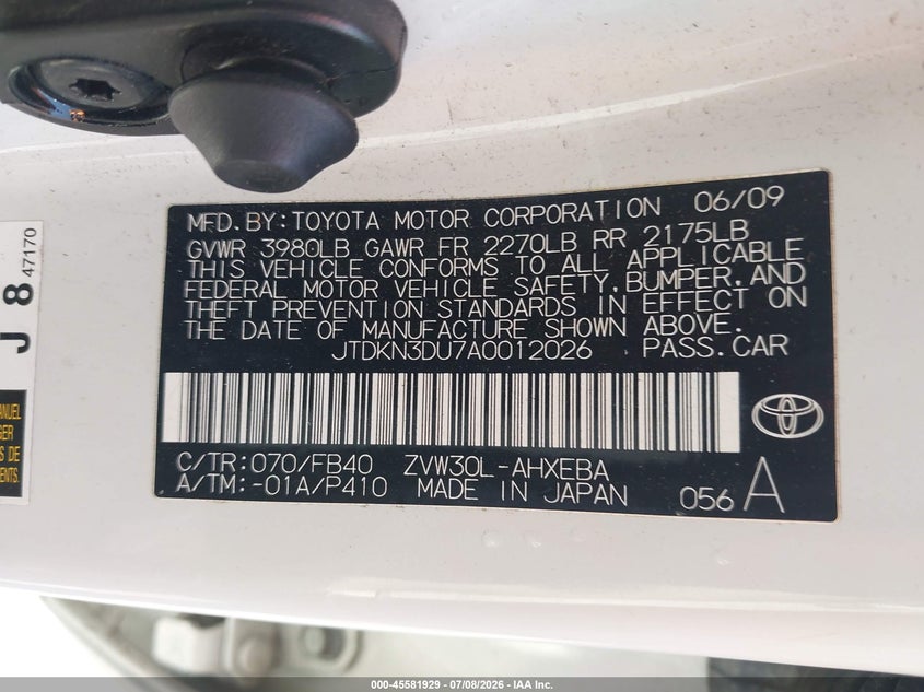 2010 Toyota Prius VIN JTDKN3DU7A0012026 IAAI salvage auction — LEFT FRONT, Salvage (California), sold $1,150 on 2026-07-23 (photo 9)
