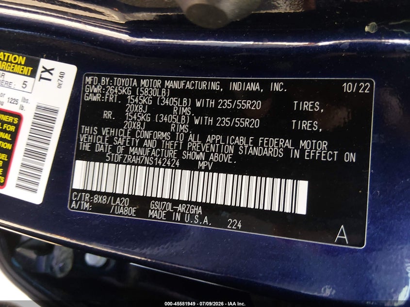 2022 Toyota Highlander VIN 5TDFZRAH7NS142424 IAAI salvage auction — REAR END, Salvage Title, sold $10,200 on 2026-07-31 (photo 9)