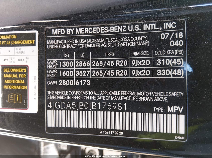 2018 Mercedes-benz Gle VIN 4JGDA5JB0JB176981 IAAI salvage auction — FRONT END, Salvage (California), sold $3,800 on 2026-08-01 (photo 9)