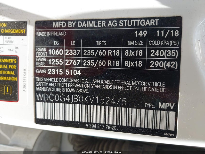 2019 Mercedes-benz Glc VIN WDC0G4JB0KV152475 IAAI salvage auction — LEFT SIDE, Salvage (California), sold $4,850 on 2026-07-29 (photo 9)