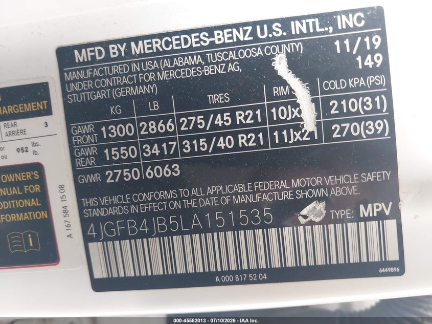 2020 Mercedes-benz Gle VIN 4JGFB4JB5LA151535 IAAI salvage auction — SUSPENSION, Rebuildable (Florida), sold $15,000 on 2026-07-25 (photo 9)