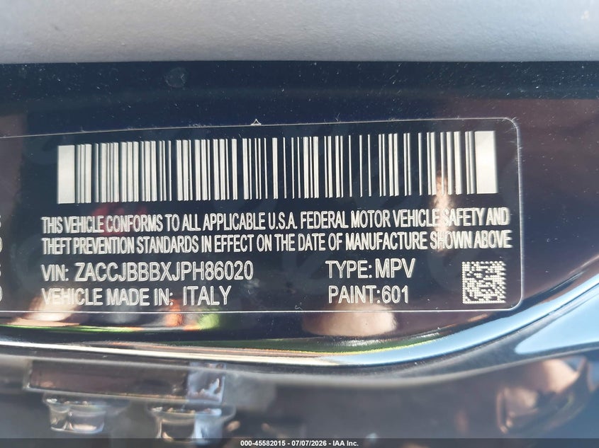 2018 Jeep Renegade VIN ZACCJBBBXJPH86020 IAAI salvage auction — NORMAL WEAR, Salvage Title, sold $1,900 on 2026-07-29 (photo 9)