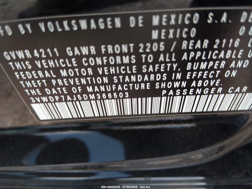 2013 Volkswagen Jetta VIN 3VWDP7AJ5DM366503 IAAI salvage auction — FRONT END, Wait Title, sold $825 on 2026-10-02 (photo 9)