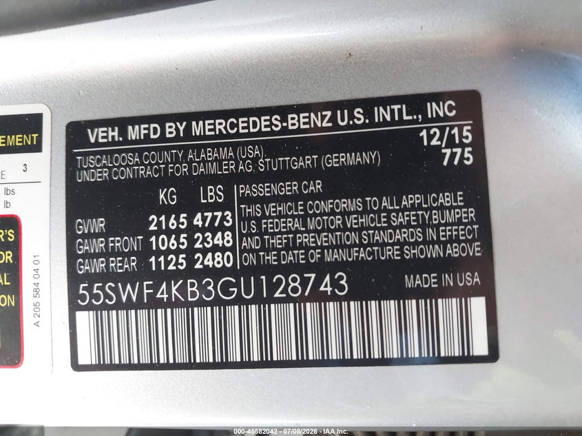 2016 Mercedes-benz C-klasse VIN 55SWF4KB3GU128743 IAAI salvage auction — SIDE, Salvage (California), sold $3,000 on 2026-07-25 (photo 9)