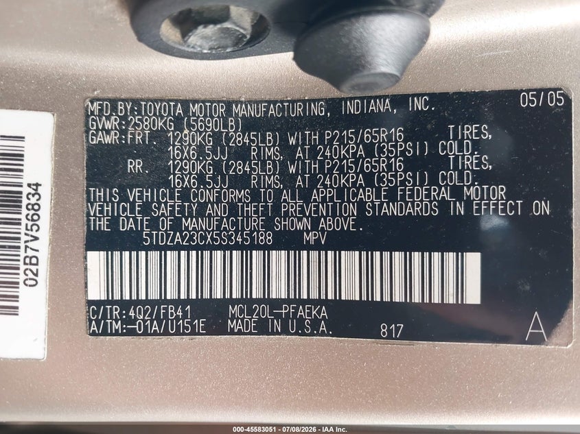 2005 Toyota Sienna VIN 5TDZA23CX5S345188 IAAI salvage auction — NORMAL WEAR, Clear (Virginia), sold $1,025 on 2026-07-29 (photo 9)