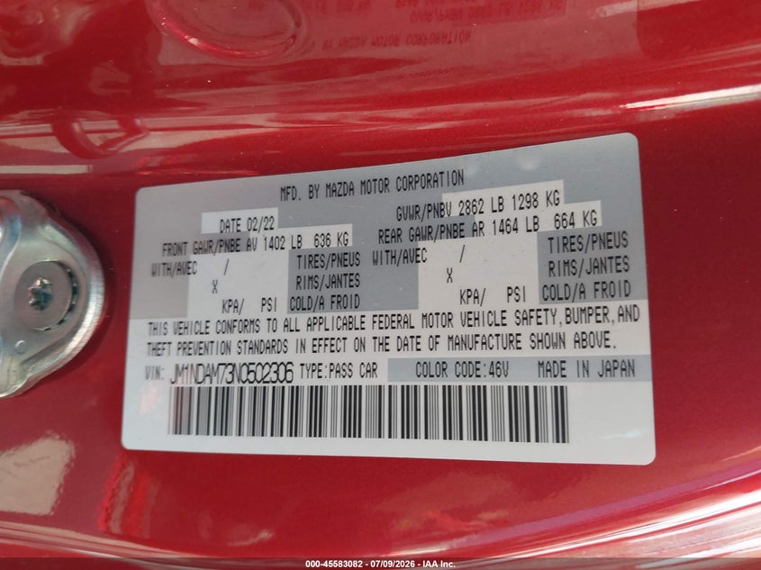 2022 Mazda Mx-5 VIN JM1NDAM73N0502306 IAAI salvage auction — RIGHT SIDE, Salvage (California), sold $7,200 on 2026-08-24 (photo 9)