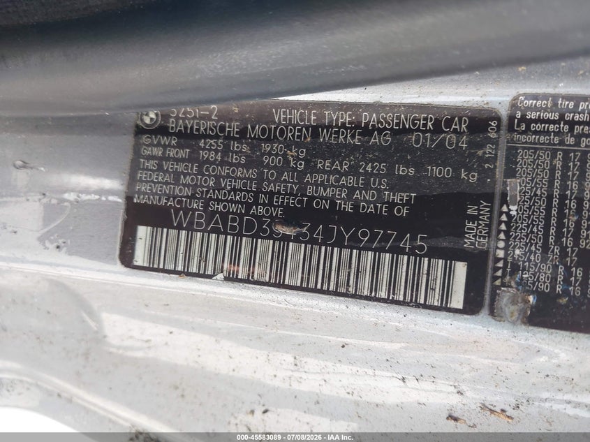 2004 BMW 3 series VIN WBABD33434JY97745 IAAI salvage auction — NORMAL WEAR, Repossession Paperwork (Georgia), sold $1,100 on 2026-08-07 (photo 9)