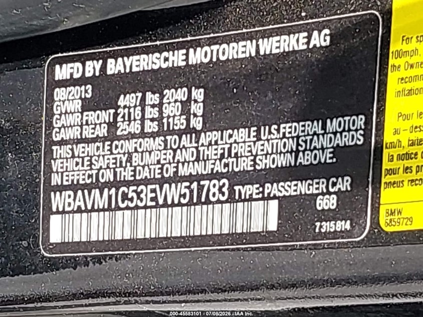 2014 BMW X1 VIN WBAVM1C53EVW51783 IAAI salvage auction — NORMAL WEAR, Clear (Georgia), sold $475 on 2026-07-29 (photo 9)