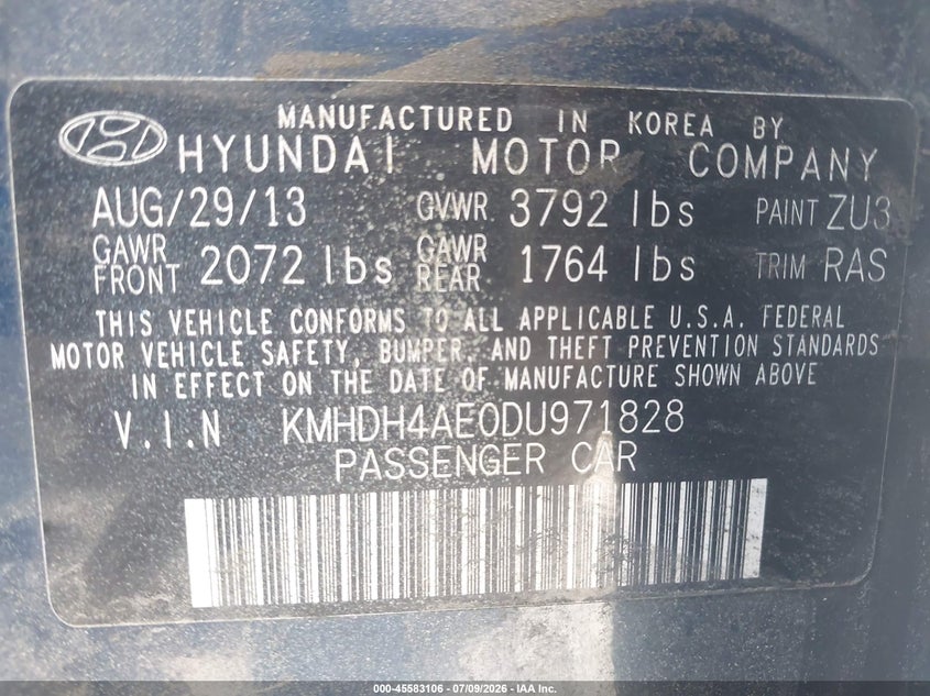 2013 Hyundai Elantra VIN KMHDH4AE0DU971828 IAAI salvage auction — NORMAL WEAR, Reconstructed (Massachusetts), sold $800 on 2026-07-31 (photo 9)