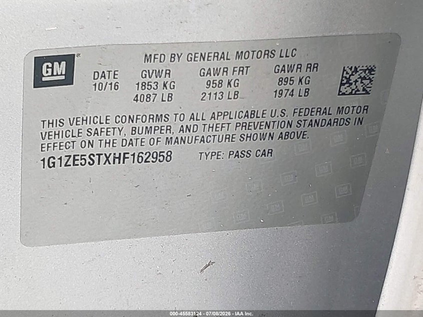 2017 Chevrolet Malibu VIN 1G1ZE5STXHF162958 IAAI salvage auction — MECHANICAL, Clear (Florida), sold $400 on 2026-08-19 (photo 9)