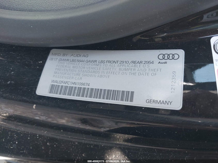 2017 Audi S7 VIN WAU2FAFC1HN109674 IAAI salvage auction — FRONT END, Nrc Lienholder Repossession Paperwork (Texas), sold $2,700 on 2026-07-16 (photo 9)
