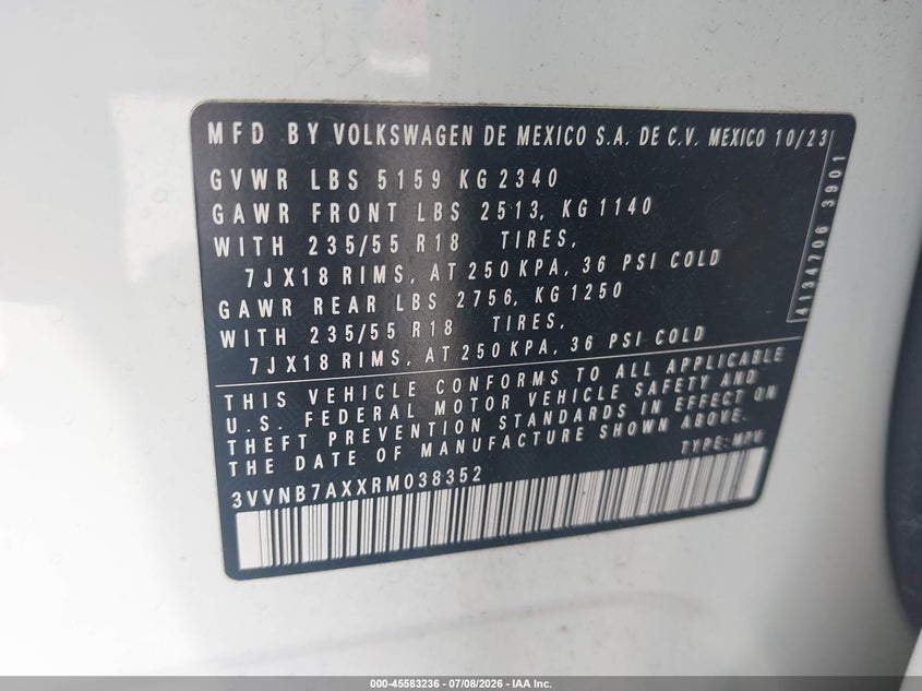 2024 Volkswagen Tiguan VIN 3VVNB7AXXRM038352 IAAI salvage auction — NORMAL WEAR, Bill Of Sale (Georgia), sold $4,250 on 2026-08-14 (photo 9)