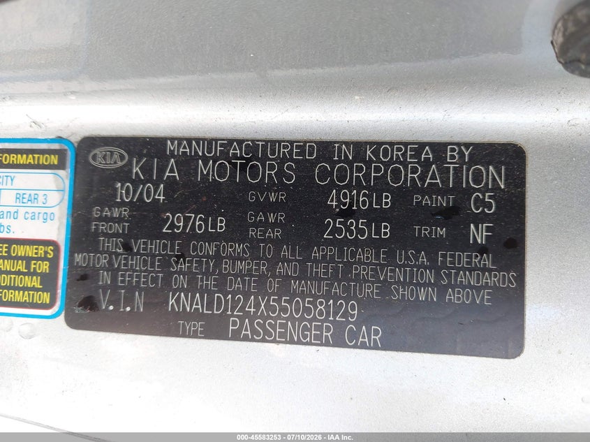 2005 Kia Amanti VIN KNALD124X55058129 IAAI salvage auction — NORMAL WEAR, Salvage Title - Dealer (California), sold $325 on 2026-07-22 (photo 9)
