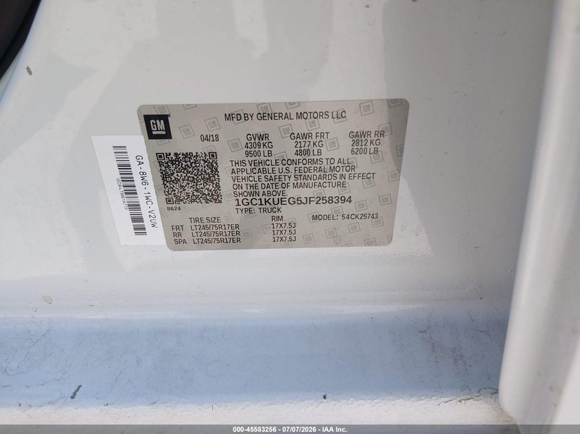 2018 Chevrolet Silverado 2500 VIN 1GC1KUEG5JF258394 IAAI salvage auction — NORMAL WEAR, Sf97 (California), sold $10,100 on 2026-07-30 (photo 9)