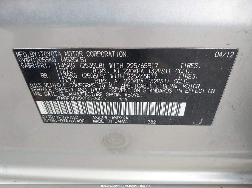 2012 Toyota Rav 4 VIN JTMBF4DV2C5056419 IAAI salvage auction — REAR END, Clear (Massachusetts), sold $2,250 on 2026-07-24 (photo 9)