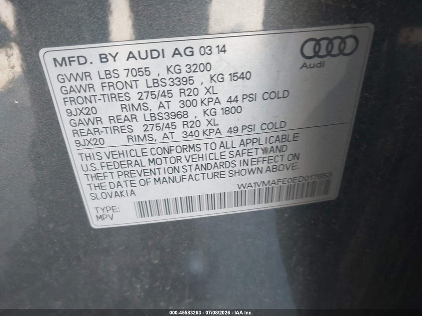 2014 Audi Q7 VIN WA1VMAFE0ED017653 IAAI salvage auction — NORMAL WEAR, Clear (Pennsylvania), sold $1,125 on 2026-07-24 (photo 9)