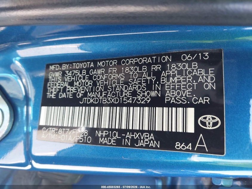 2013 Toyota Prius c VIN JTDKDTB3XD1547329 IAAI salvage auction — FRONT END, Salvage (California), sold $600 on 2026-07-29 (photo 9)