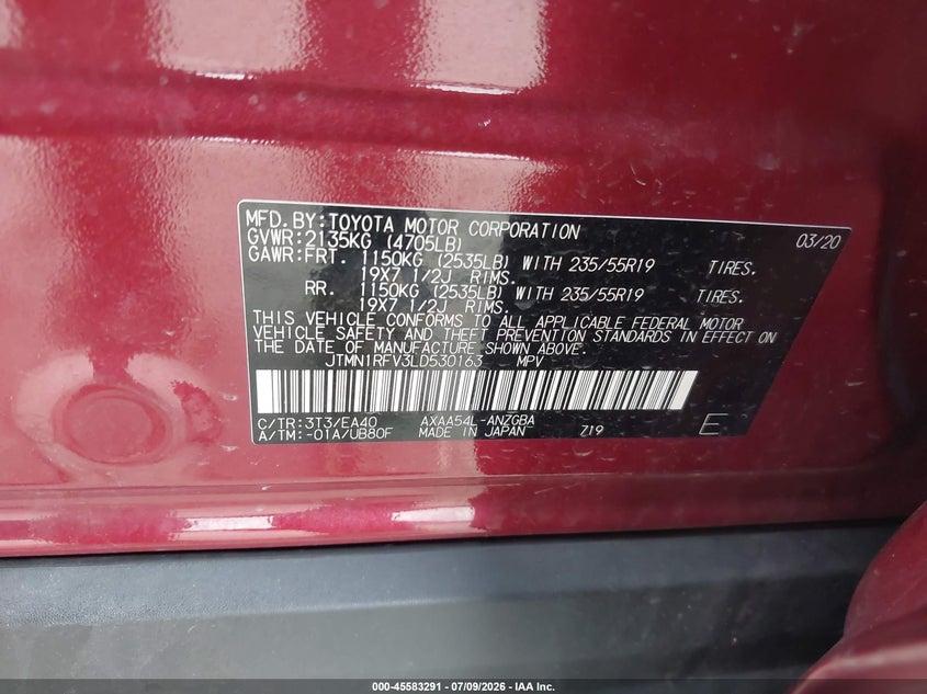 2020 Toyota Rav 4 VIN JTMN1RFV3LD530163 IAAI salvage auction — FRONT END, Salvage (Pennsylvania), sold $10,975 on 2026-07-31 (photo 9)