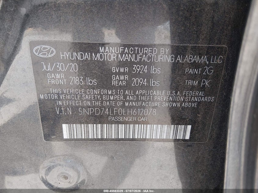 2020 Hyundai Elantra VIN 5NPD74LF0LH612078 IAAI salvage auction — NORMAL WEAR, Sf97 (California), sold $11,025 on 2026-07-30 (photo 9)
