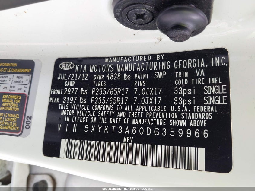 2013 Kia Sorento VIN 5XYKT3A60DG359966 IAAI salvage auction — FRONT END, Clear (Virginia), sold $1,250 on 2026-07-29 (photo 9)