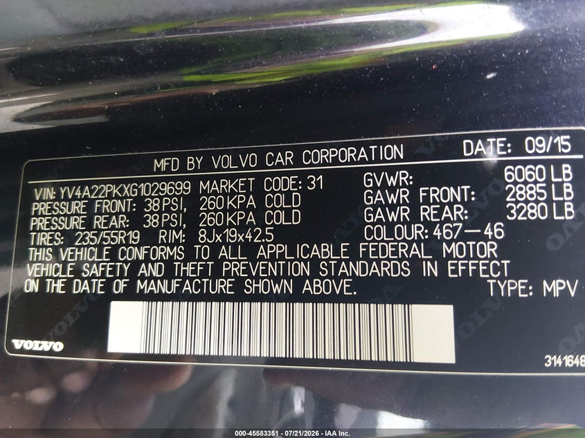 2016 Volvo Xc90 VIN YV4A22PKXG1029699 IAAI salvage auction — WATER/FLOOD, Salvage Title, sold $5,700 on 2026-07-31 (photo 9)